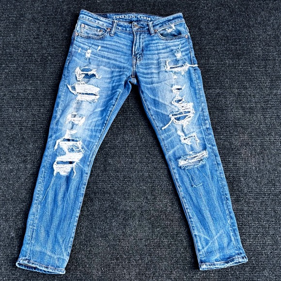 American Eagle Ripped Distressed Jeans Slim Fit Denim Blue Mens‎ 28x28 - Picture 1 of 16